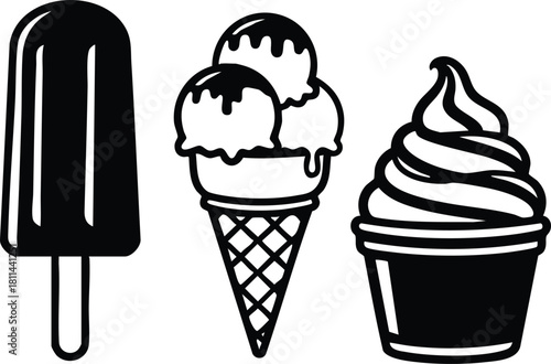 Black and white illustration of assorted ice cream designs including popsicle, triple scoop cone, and soft serve cup dessert