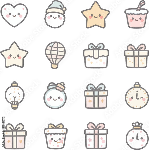 Kawaii holiday icons with cute stars, gifts, and sweet drinks. Soft kawaii festive symbols perfect for adorable celebration art. Cute pastel icons featuring gifts, stars, and holiday characters