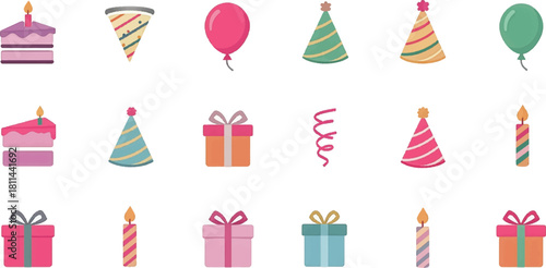 Cute birthday icons with gifts, balloons, and party hats. Colorful party elements perfect for fun celebration themes. Bright cartoon clipart with candles, gifts, and balloons