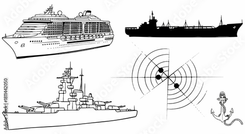 Collection of Maritime Vessels and Nautical Icons in Black and White Line Art