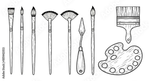 Hand Drawn Painting Tools Vector - Art Brushes and Palette Knife Sketch Set