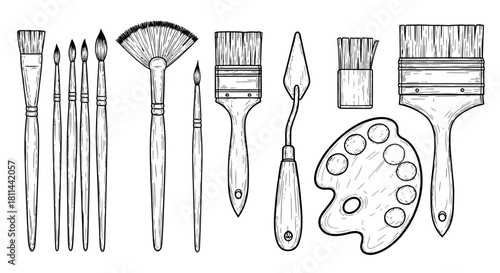Hand Drawn Painting Tools Vector - Art Brushes and Palette Knife Sketch Set