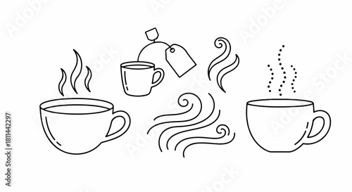 Elegant vector line art set featuring warm, inviting cups of tea and coffee with swirling steam, ideal for menus, cafe branding, or comfort-themed graphic projects