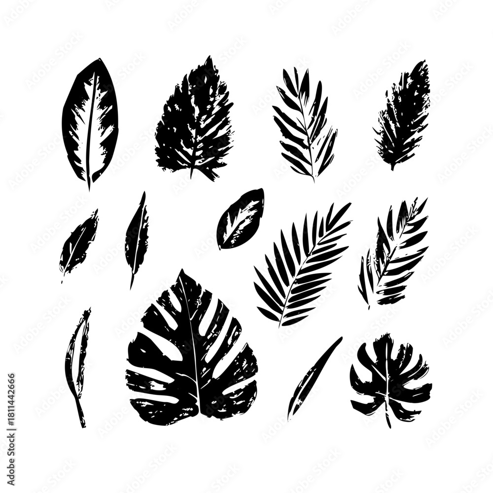 Fototapeta premium Collection of black tropical leaves isolated on in grunge style