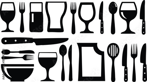 Black silhouette kitchen utensils and glassware vector icons set with knives forks spoons and bowls