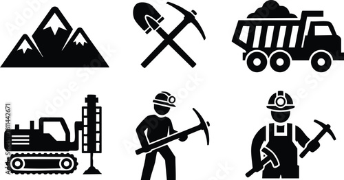 Mining industry icons with mountain, digger, miner, and equipment symbols vector set