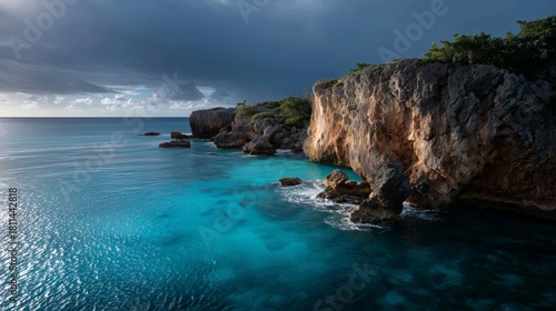 Fototapeta Naklejka Na Ścianę i Meble -  Scenic view of a rugged coastline with clear blue water under a cloudy sky