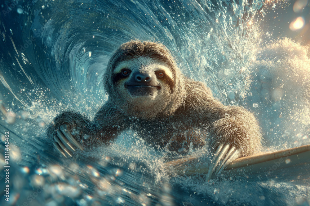 Fototapeta premium Sloth enjoying a thrilling surf ride on an ocean wave, smiling with fun and energy