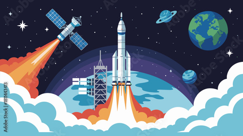 rocket launching from earth to deploy a satellite in space, vector illustration for space exploration, rocket science, and the aerospace industry