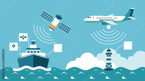 satellite providing connectivity to a ship and airplane at sea, vector illustration for maritime and aviation communication, gps navigation, and global logistics