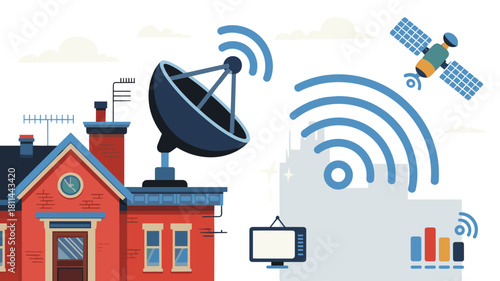 satellite dish on a house roof receiving signals from space, vector illustration for home internet access, broadband service, and remote work connectivity
