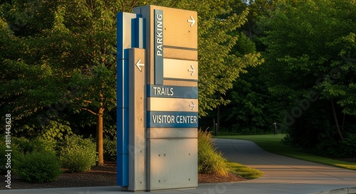 Directional Sign At Park With Trail, Parking And Visitor Center Guidance