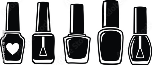 Black silhouette nail polish bottles with varied shapes and symbols isolated on white background
