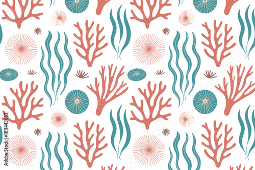 Seamless Underwater Marine Pattern Featuring Stylized Coral, Seaweed, and Sea Urchin Elements in Trendy Muted Colors, Ideal for Textiles and Surface Design.