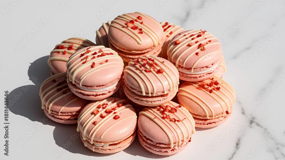 Obraz premium Close-Up Overhead Shot of Pink Macarons with White and Green Icing and Red Berry Sprinkles in Grid Arrangement