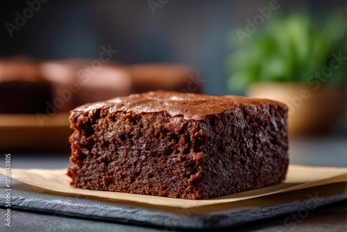 A single square chocolate brownie sits on parchment atop a slate surface More brownies and a potted plant are out of focus behind it