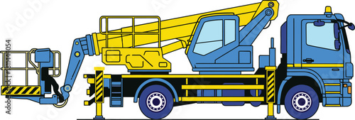 Blue and yellow cherry picker truck isolated on white