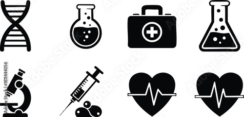 Medical and scientific icon set including dna, microscope, syringe, heart rate, and laboratory glassware symbols for health and research purposes