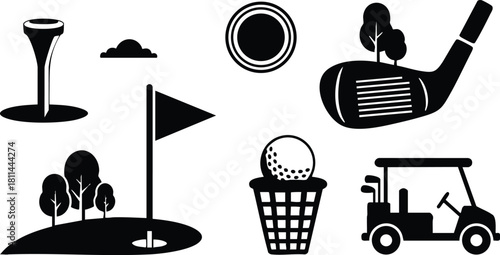 Golf icons set with tee, golf ball, hole, flag, club, cart, and basket in black silhouette style
