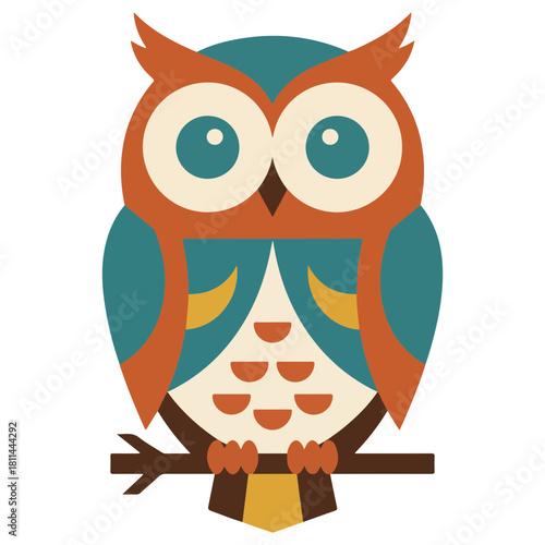Retro Mid-Century Modern Flat Design Owl Sitting on a Branch