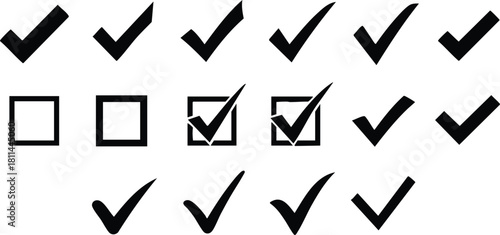 Black check marks and empty square boxes in various styles and sizes arranged on white background for selection and approval concepts