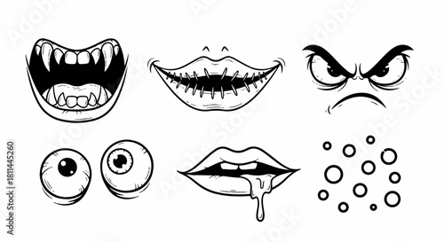 A collection of hand-drawn monstrous cartoon facial parts, including angry eyes, sharp fanged mouths, and creepy smiles for character design