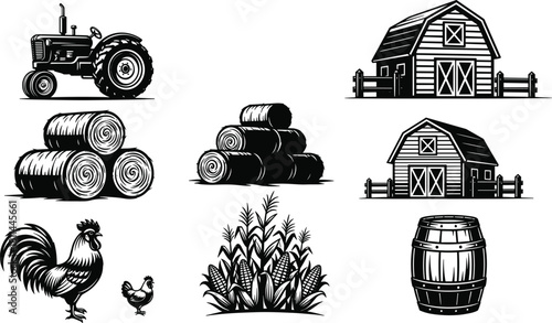 Detailed Farm and Agriculture Vector Icons Including Vintage Tractor, Barns, Hay Bales, Corn, Rooster, Chicken, and Wooden Barrel Graphics.