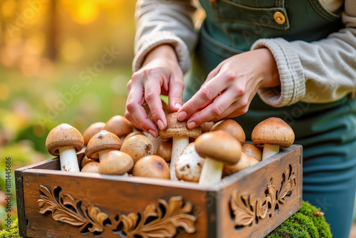 Person carefully picks mushrooms from decorative wooden crate in garden