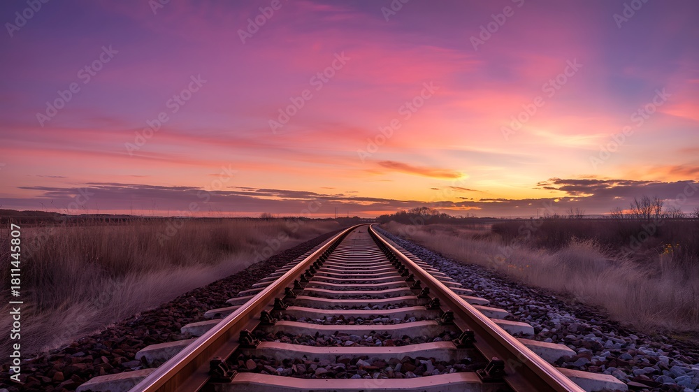 Fototapeta premium Railroad Tracks Leading to Vibrant Sunset with Infinite Perspective