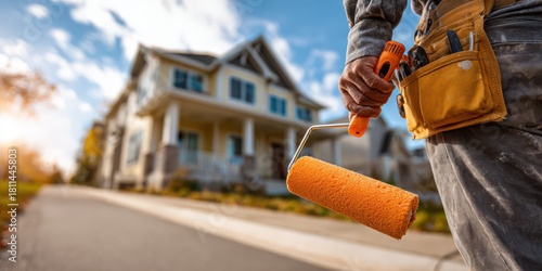 Painter holding a paint roller in front of a house, ready to start a home improvement project