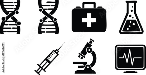 Medical and scientific icons including DNA strands, first aid kit, syringe, microscope, and heartbeat monitor vector set