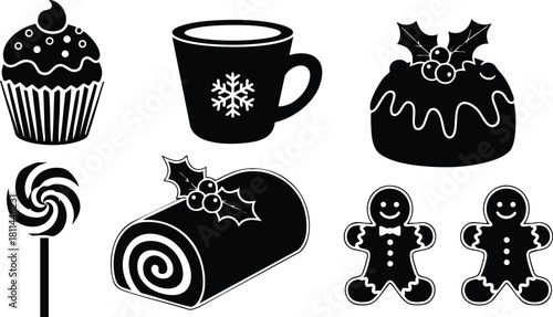 Christmas holiday dessert icons with cupcake, hot drink, pudding, lollipop, yule log, and gingerbread cookies festive design