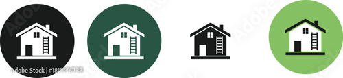 House Icon with Ladder Set: Home Repair, Construction, Maintenance, and Real Estate Vector Graphic Collection for Website Buttons and App Design.