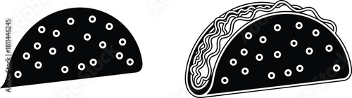 Taco Black and White Vector Icon Set Showing Filled Silhouette and Detailed Line Art for Mexican Food and Restaurant Logo.