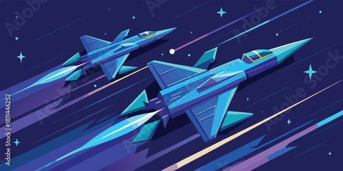 Futuristic Supersonic Fighter Jets Dynamic Space Flight Isolated background