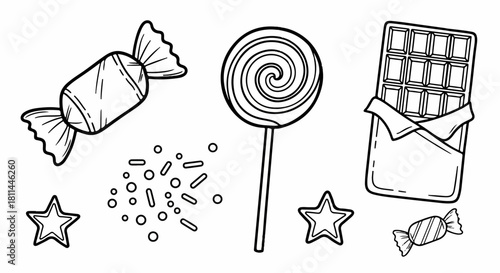A delightful assortment of hand-drawn sweets and candies, featuring a chocolate bar, lollipop, and various treats in a simple outline sketch style