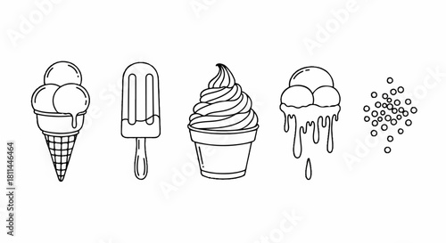 A collection of various ice cream and frozen dessert icons, including a cone, popsicle, and soft serve, illustrated in a simple black and white line art style