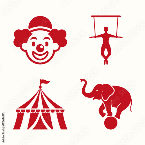 Circus elements such as clown face, trapeze artist, circus tent, and elephant balancing on ball. Vector illustration.