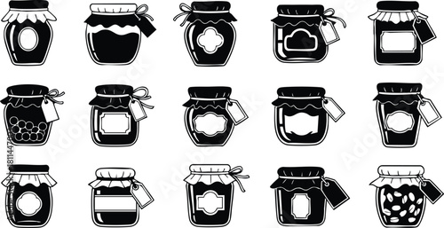 Collection of black and white honey jar icons with various label designs and shapes in simple silhouette style