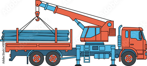Crane truck lifting metal beams illustration on white background