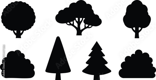 Silhouettes of various tree and bush shapes in black on white background for design and nature themes