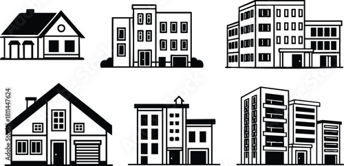Real estate property icons with different modern residential and commercial building designs in black and white vector style