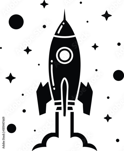 Rocket launch with stars and planets outer space black silhouette icon design