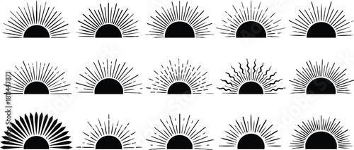 Black sun icons with various rays and shapes in simple minimalist style vector collection