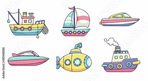 Colorful Collection of Various Boats Fishing Boat, Sailboat, Yacht, Submarine, and More for Design