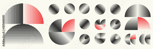 Abstract geometric line shapes set - modern deform semi circles and segmented circles for branding and layout design with red accent . Toolkit collection , for modular design projects. Vector pack.