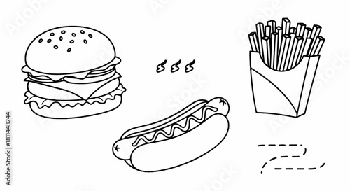 Outline illustration of popular fast food items a tasty hamburger, a classic hot dog, and a box of french fries. Perfect for menus, coloring, or casual design projects