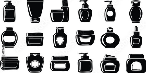Collection of black cosmetic containers and bottles silhouettes for skincare and beauty product design use