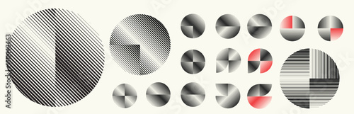 Abstract geometric line shapes set - modern deform semi circles and segmented circles for branding and layout design with red accent . Toolkit collection , for modular design projects. Vector pack.