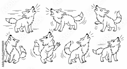 A charming collection of hand-drawn cartoon wolf pups howling in different poses. Vector line art illustrations isolated on a white background